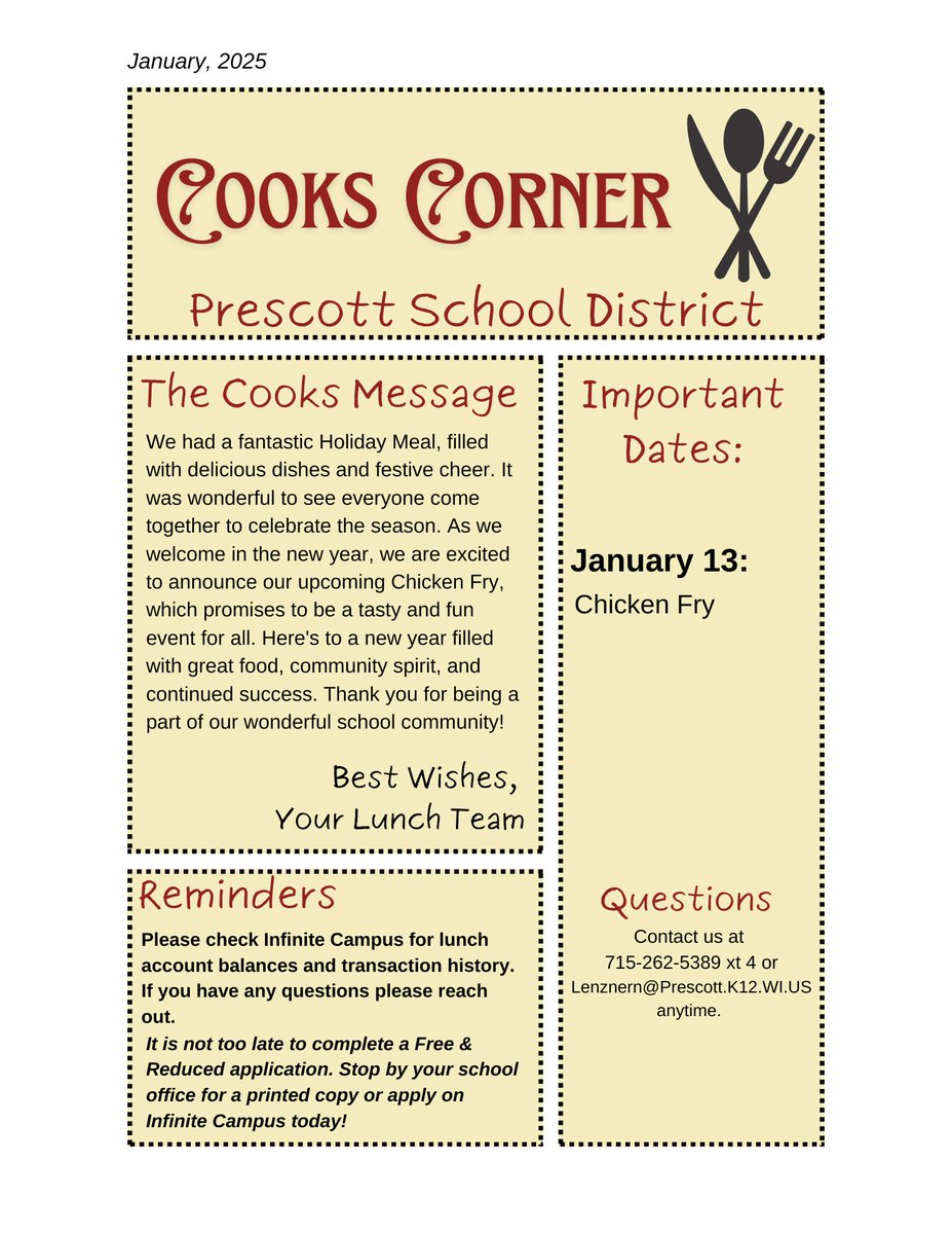 NSDatPSD's tweet photo. ❄️ January’s Cooks Corner is here! 🎉
🍴 Special meals
🔔 Important reminders
🌟 Highlights

#CooksCorner #SchoolNutrition #HealthyStart2025 https://t.co/naE387tNMz