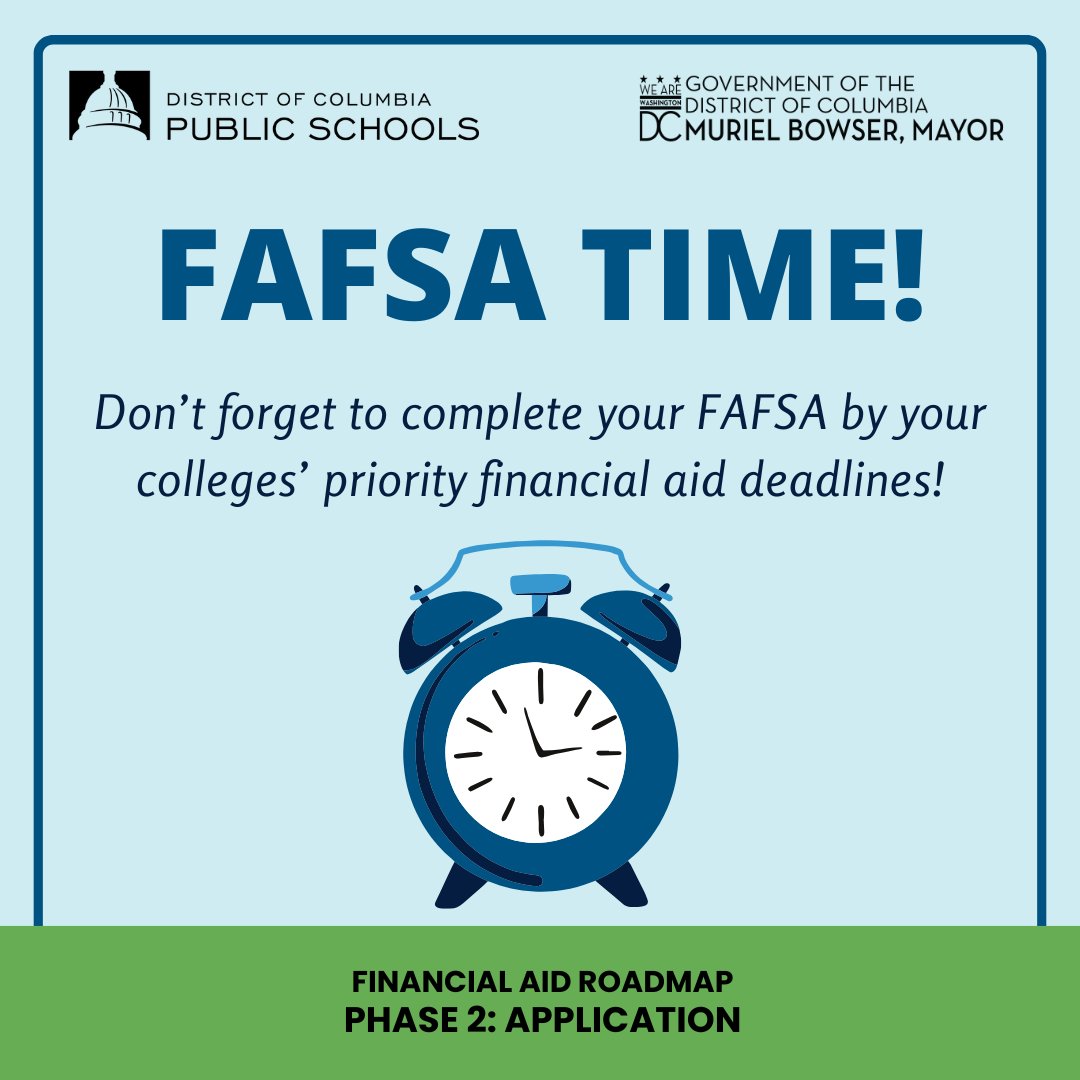 DCPSCollegeCareerEd (@dccollegecareer) on Twitter photo Many colleges have priority financial aid deadlines in January and February. Don't miss out on $$$--complete your Free Application for Federal Student Aid today at FAFSA.gov
<a href="/dcpublicschools/">DC Public Schools</a> Many colleges have priority financial aid deadlines in January and February. Don't miss out on $$$--complete your Free Application for Federal Student Aid today at FAFSA.gov
<a href="/dcpublicschools/">DC Public Schools</a>