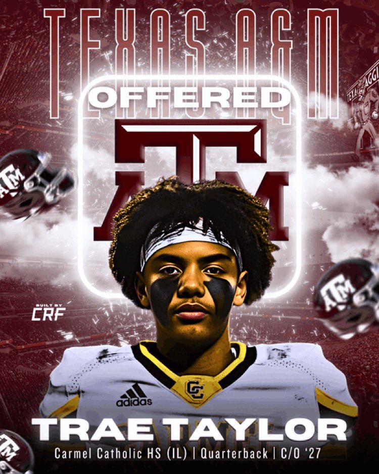 Trae Taylor (@qb6trae) on Twitter photo After a great workout this morning, I’m excited to say <a href="/AggieFootball/">Texas A&M Football</a> has offered. I appreciate <a href="/CK_KleinCollin/">Collin Klein</a> making the trip to <a href="/CorsairsFB/">Carmel Football</a> to watch the workout in 10 degree weather. Excited to get down to Texas to learn more about the Aggies. Thank you to my brothers for After a great workout this morning, I’m excited to say <a href="/AggieFootball/">Texas A&M Football</a> has offered. I appreciate <a href="/CK_KleinCollin/">Collin Klein</a> making the trip to <a href="/CorsairsFB/">Carmel Football</a> to watch the workout in 10 degree weather. Excited to get down to Texas to learn more about the Aggies. Thank you to my brothers for