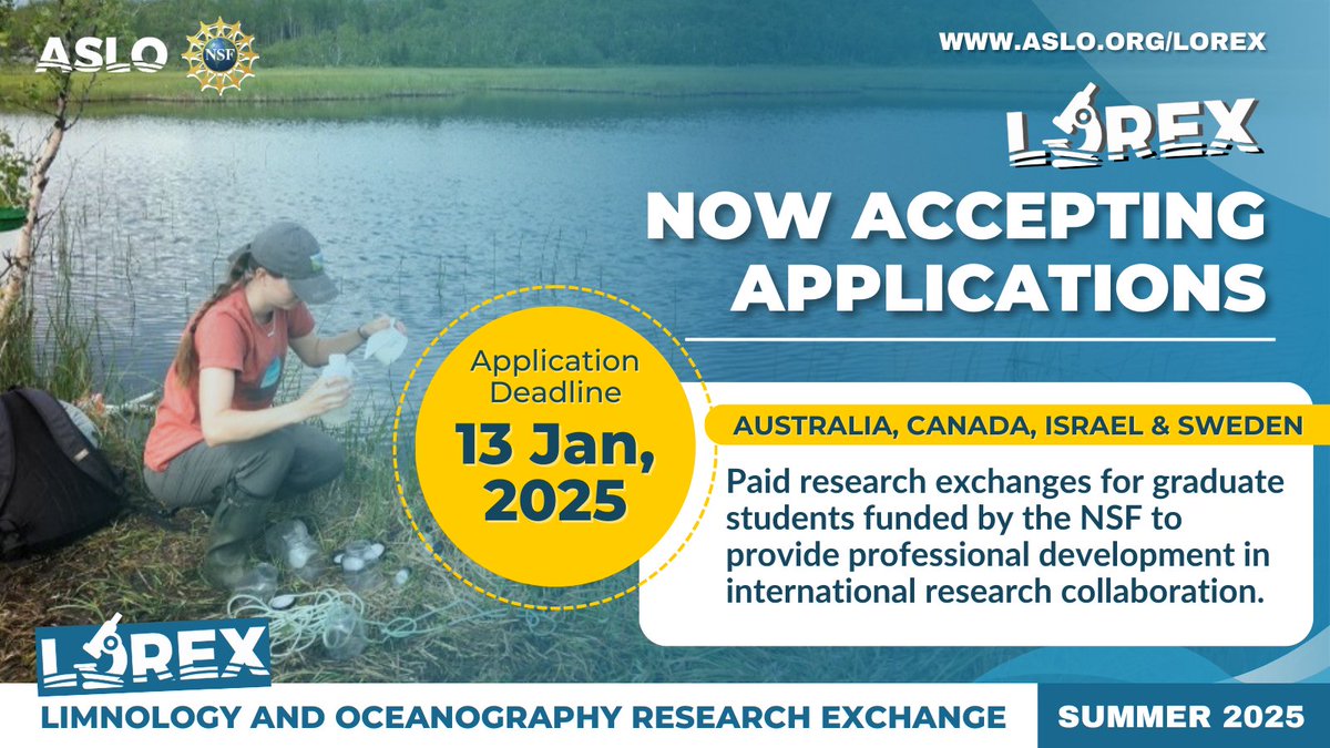 🌊 Call for LOREX Applications ending soon! The #LOREX international exchanges will support up to 12 students to travel to institutions in Australia, Canada, Israel, and Sweden for collaborative #aquaticscience research in summer 2025. The participating host institutions