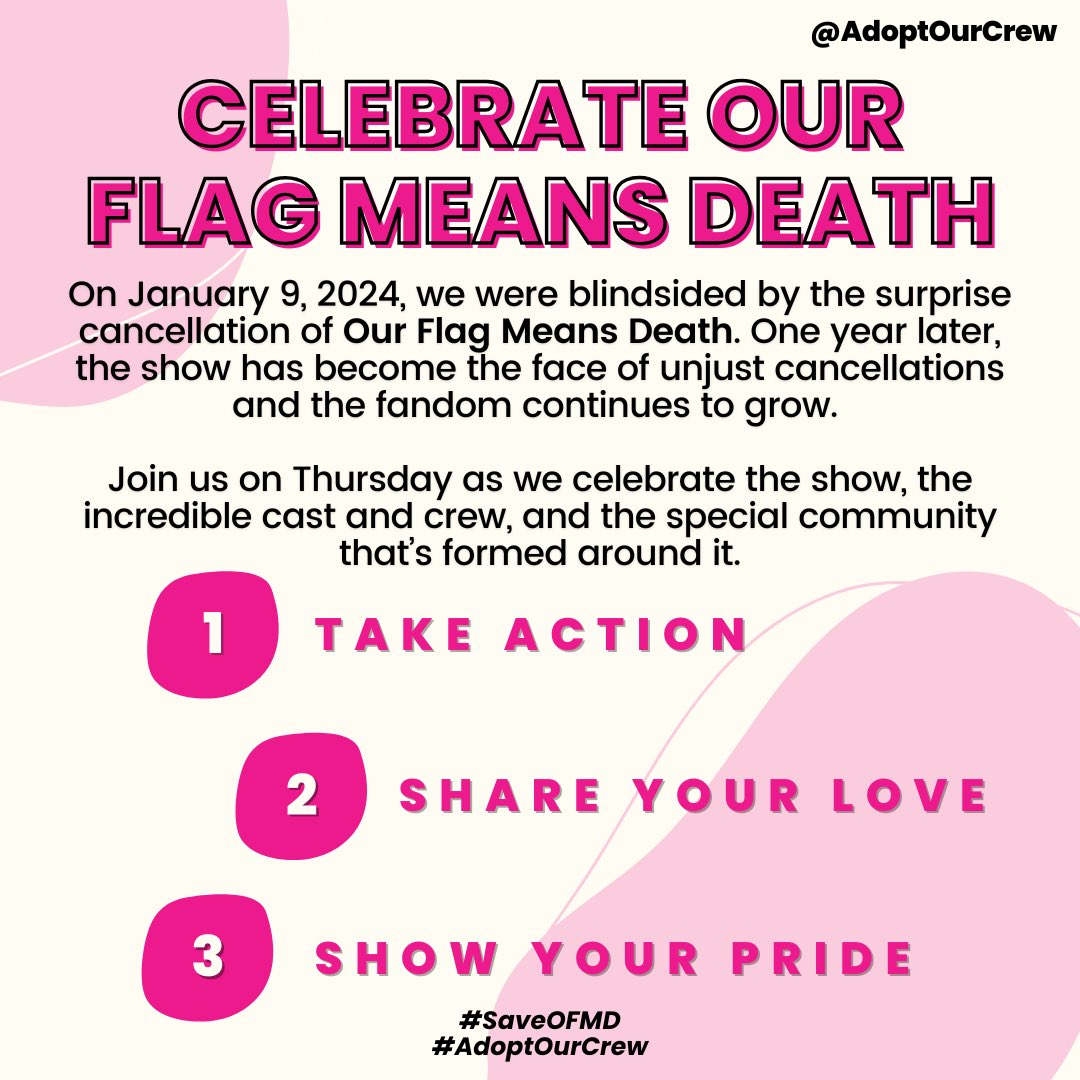 We're feeling mixed emotions as January 9, 2024 looms large in our memories.

Join us on Thursday as we come together to celebrate all things #OurFlagMeansDeath.

#SaveOFMD #AdoptOurCrew