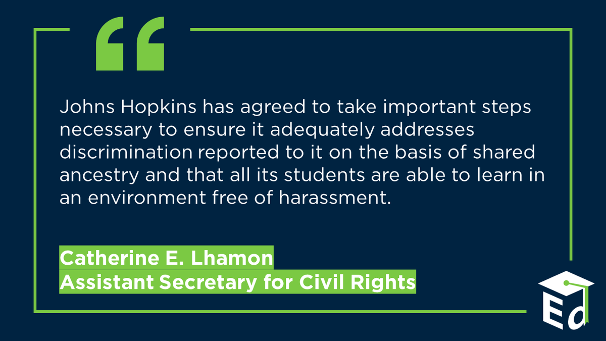 Today, OCR announced a resolution agreement with Johns Hopkins University to address shared ancestry discrimination including antisemitic, anti-Muslim, and anti-Arab harassment prohibited under Title VI.

🔗ed.gov/about/news/pre…