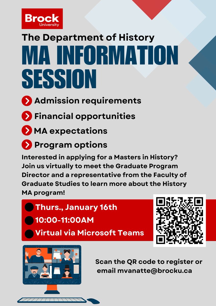 Attention 4th year Students:  We are hosting our final virtual MA Information Session on Thurs, Jan 16th at 10am for students who are interested in learning more about pursuing their Masters in History! 
Join us! #brockuhistory