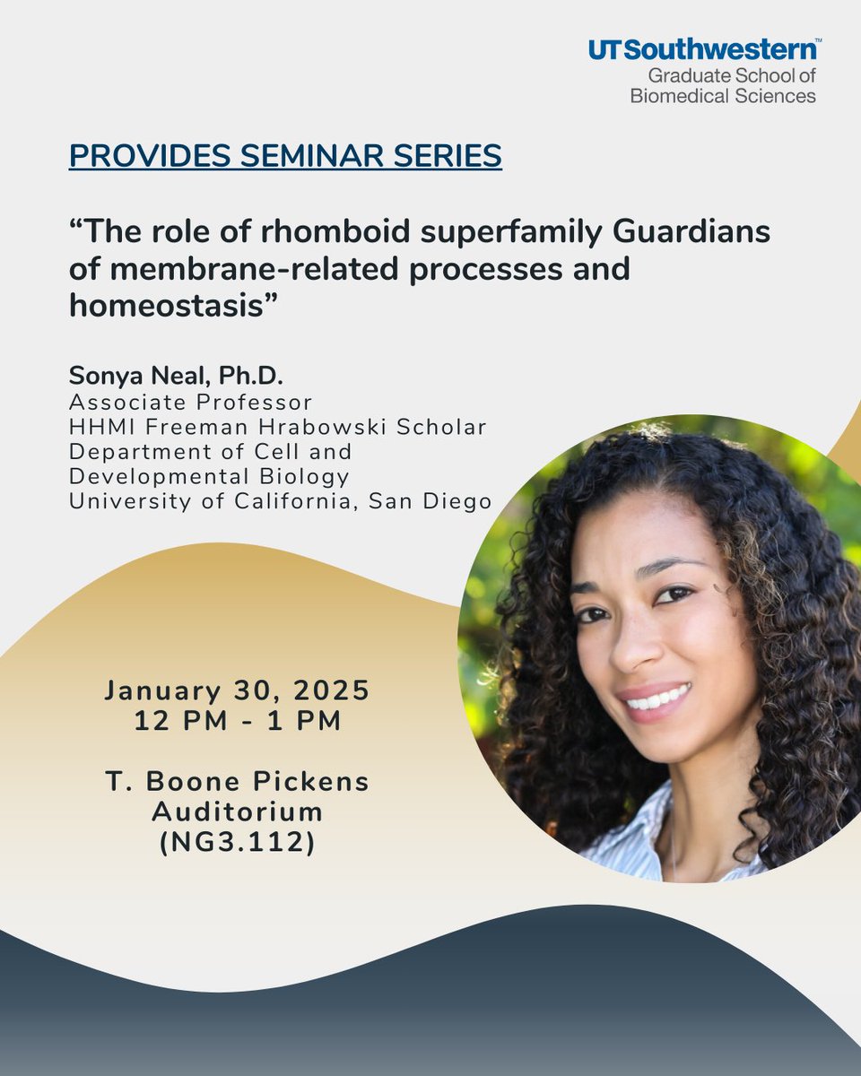 ADiaz_PhD's tweet image. 📢 SAVE-the-DATE - Jan 30th, 2025

PROVIDES welcomes Dr. Sonya Neal  (@Neal_Lab), Associate Professor,
@HHMINEWS Freeman Hrabowski Scholar, Dept. of Cell &amp;amp; Developmental Biology, UCSD.

“The role of rhomboid superfamily Guardians of membrane-related processes and homeostasis”