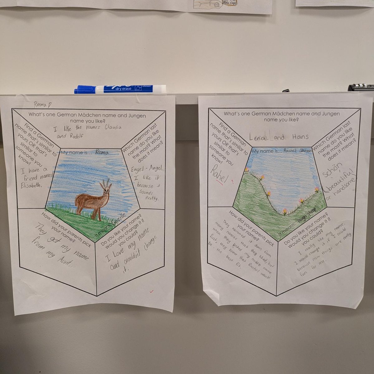 frau_leonard's tweet photo. German Flex students have been learning about German names. They made these lovely name pages where they investigated their own names while also exploring German ones #teachgerman https://t.co/bnZTOmlbxM