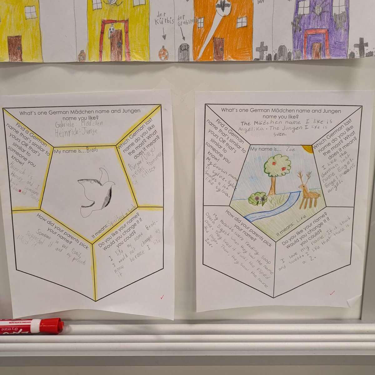 frau_leonard's tweet photo. German Flex students have been learning about German names. They made these lovely name pages where they investigated their own names while also exploring German ones #teachgerman https://t.co/bnZTOmlbxM