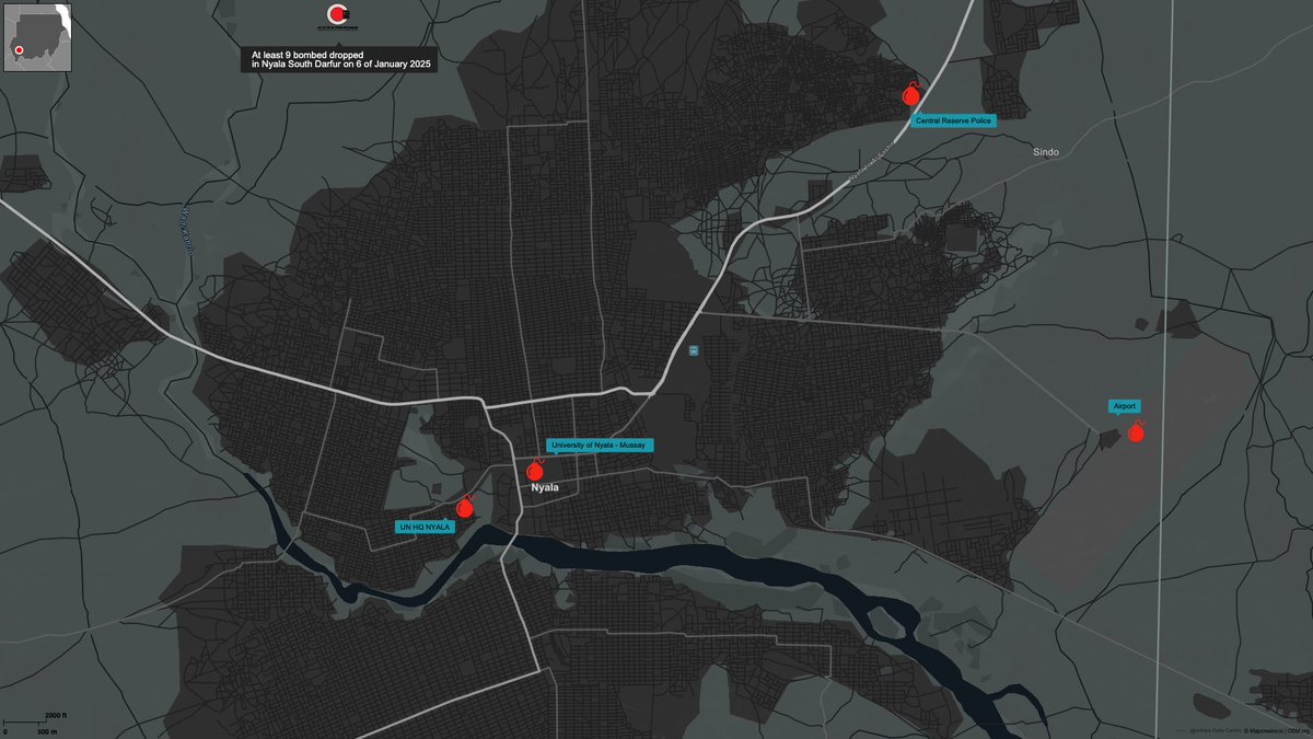 On 6 January 2025, airstrikes began again over Nyala targeting the former UNAMID base, Nyala airport, Mussay University, and the Central Reserve Police headquarters. Mussay University is a new training facility of the Rapid Support Forces. The former UNAMID base, Nyala airport,