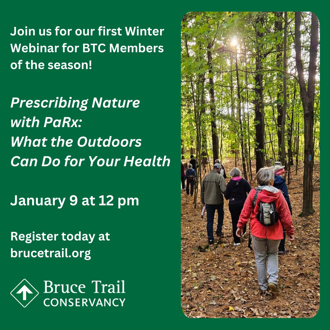 Thursday, January 9 at noon, join us for our first Winter Webinar for BTC Members of the season -  Prescribing Nature with PaRx: What the Outdoors Can Do for Your Health. 🌱🥾
Register today at ow.ly/BqCg50UBoUx