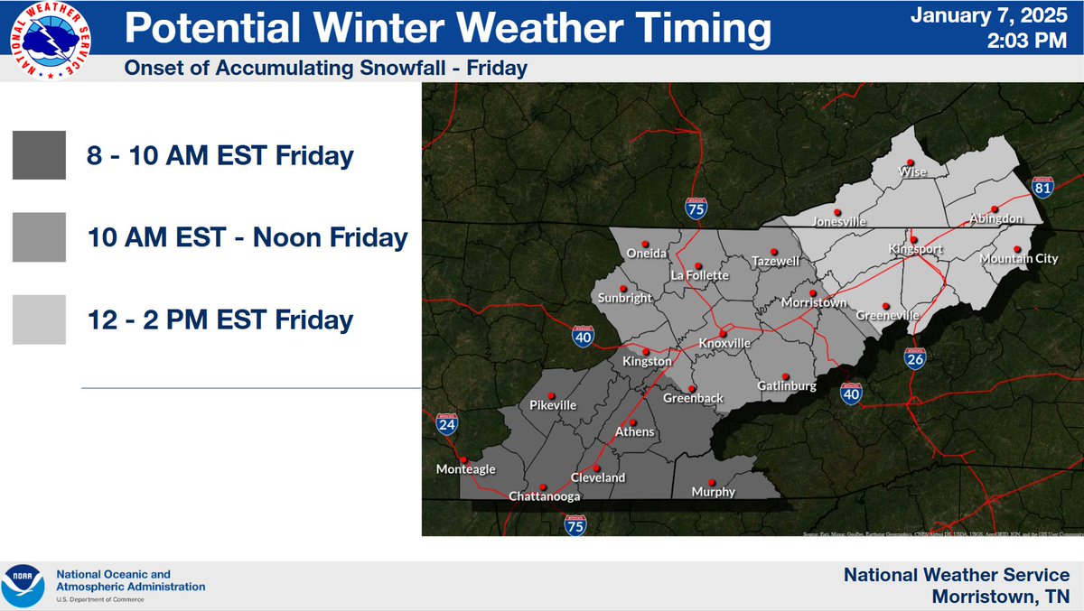 NWSMorristown's tweet photo. Accumulating snowfall expected across the area starting Friday morning and coming to an end Saturday morning. Here are the chances of getting at least 2", and the time of onset. https://t.co/p5vaCN2wKN