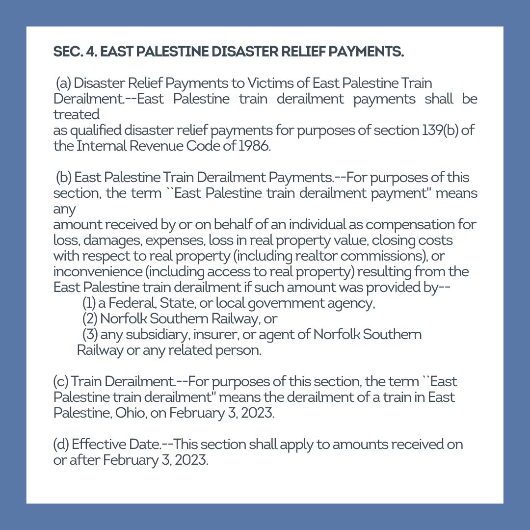 🎉 Advocacy win! Under the Federal Disaster Tax Relief Act of 2023, checks from the East Palestine class action settlement (and any reimbursements from Norfolk Southern) are NOT considered taxable income. This ensures victims keep the support they deserve.