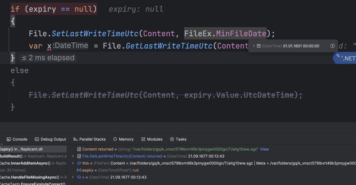 esskar's tweet image. Setting `SetLastWriteTimeUtc` of a file to `01.01.1601 00:00:00` does not work on my macos dev environment. it is always returned as `21.09.1677 00:12:43`
Can somebody explain?

#dotnet #csharp