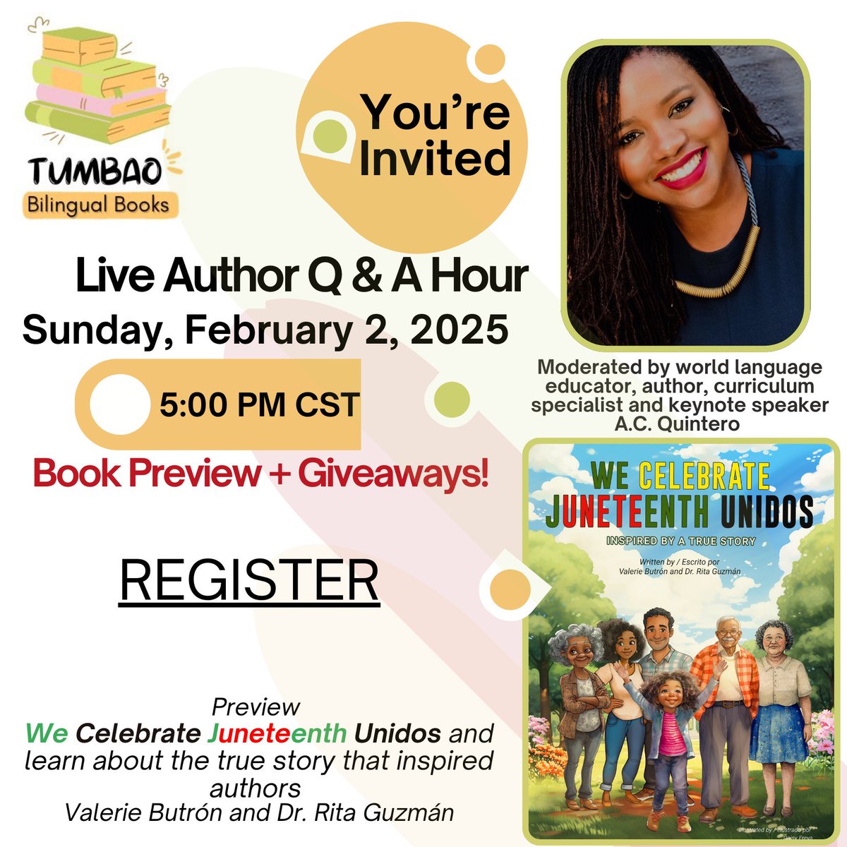 Mark your calendar! 
I’ve teamed up with Tumbao Bilingual Books to discuss latest collaboration—We Celebrate Juneteenth Unidos.
Yes, a bilingual book that highlights the intersection of diverse communities of color and celebrates unity! 🌍✨ bit.ly/4gWIvvs