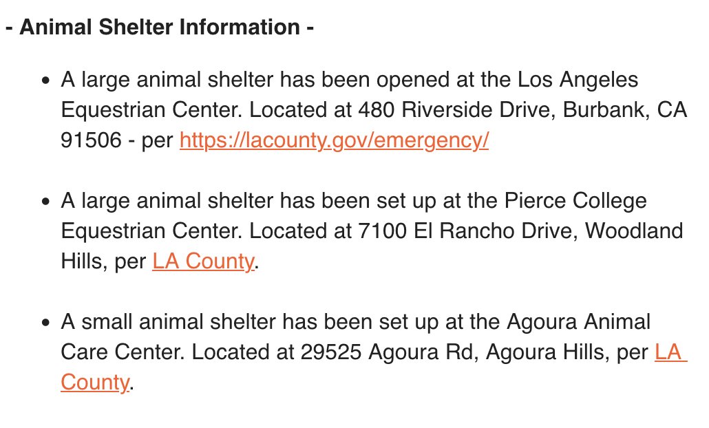 #PalisadesFire Animal Shelter Info - 🧵1/2
🐎Large animal shelter: 
Los Angeles Equestrian Center. 480 Riverside Drive, Burbank 
🐎Large animal shelter: 
Pierce College Equestrian Center. 7100 El Rancho Dr, Woodland Hills