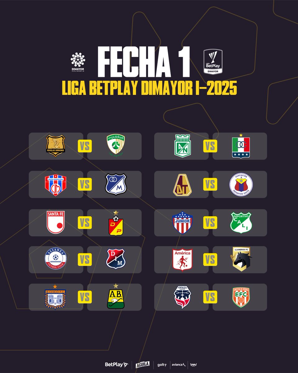 Dimayor's tweet photo. ¡Así quedaron los partidos de la 𝐅𝐞𝐜𝐡𝐚 𝟏 en la #LigaBetPlayDIMAYOR I-2025! 💥

¿Cuáles clubes debutarán con victoria? 👀

🙌⚽ https://t.co/tMJKbZ8UK7
