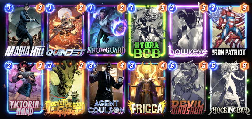 ZombiesGoNomNom's tweet photo. Shield Dino is so BACK!

Originally I tried this as a Wiccan deck (which I think is still fine) but after not drawing Wiccan for 10 games I swapped to RnG to better help win the Iron Patriot lane.

Deck puts out solid stats and is hard to predict bc of the generated cards! https://t.co/zCgeRWqFlT