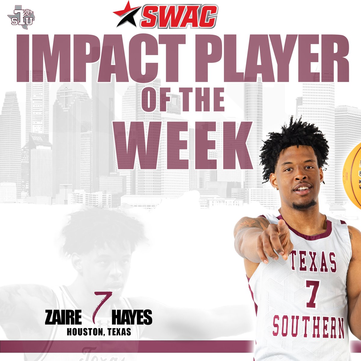 Texas Southern University (TSU) Athletics (@txsotigers) on Twitter photo Congratulations to @TSUmensHoops Zaire Hayes on his <a href="/theswac/">Southwestern Athletic Conference</a> Weekly Honor! Congratulations to @TSUmensHoops Zaire Hayes on his <a href="/theswac/">Southwestern Athletic Conference</a> Weekly Honor!