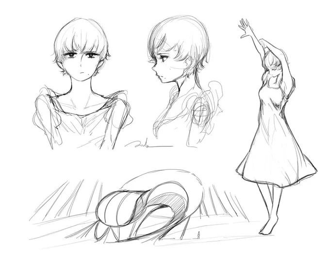 スケッチ。少しぶすっとしてますね。当時、踊りが得意という漠然としたイメージで描いた記憶が。。独り旅より。 