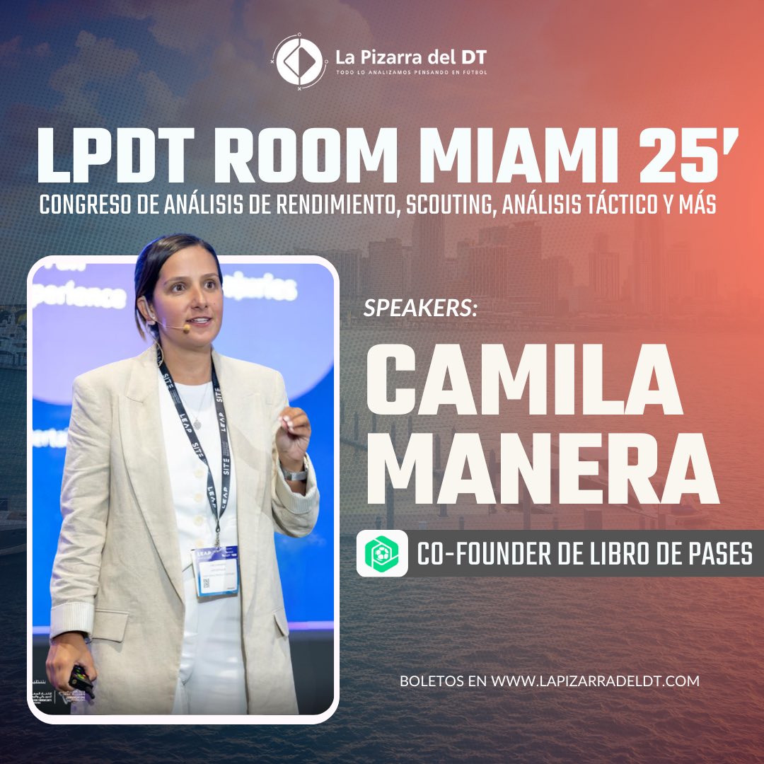 La Pizarra del DT (LPDT) (@lapizarradeldt) on Twitter photo ⚽ ¡ROOM Miami 2025 sigue sorprendiendo! 🚨
Nos emociona anunciar a Camila Manera, CO-Founder de <a href="/Libro_depases/">Librodepases</a> , como una de nuestras disertantes destacadas.🌟
Tema: “Uso de AI en el fútbol y cómo LDP está cambiando el mercado.”🤖
💬Comenta “ROOM” si quieres más información. ⚽ ¡ROOM Miami 2025 sigue sorprendiendo! 🚨
Nos emociona anunciar a Camila Manera, CO-Founder de <a href="/Libro_depases/">Librodepases</a> , como una de nuestras disertantes destacadas.🌟
Tema: “Uso de AI en el fútbol y cómo LDP está cambiando el mercado.”🤖
💬Comenta “ROOM” si quieres más información.