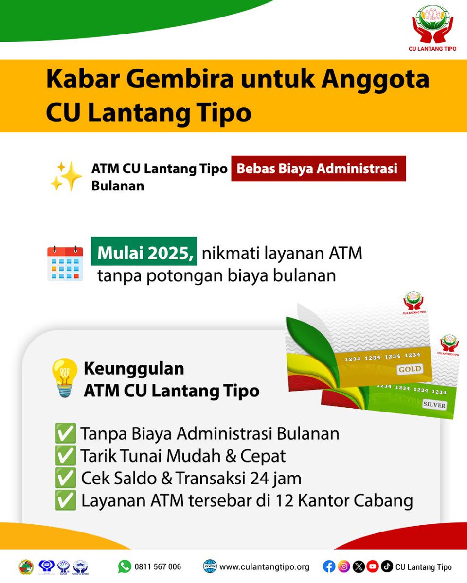 cu_lantangtipo's tweet photo. Kini Layanan ATM CU Lantang Tipo bebas biaya administrasi. Manfaatkan kesempatan ini untuk pengalaman transaksi yang lebih nyaman dan ekonomis. Yuk, gunakan ATM CU Lantang Tipo sekarang juga 🍀↗️ https://t.co/mXldNwS3wx