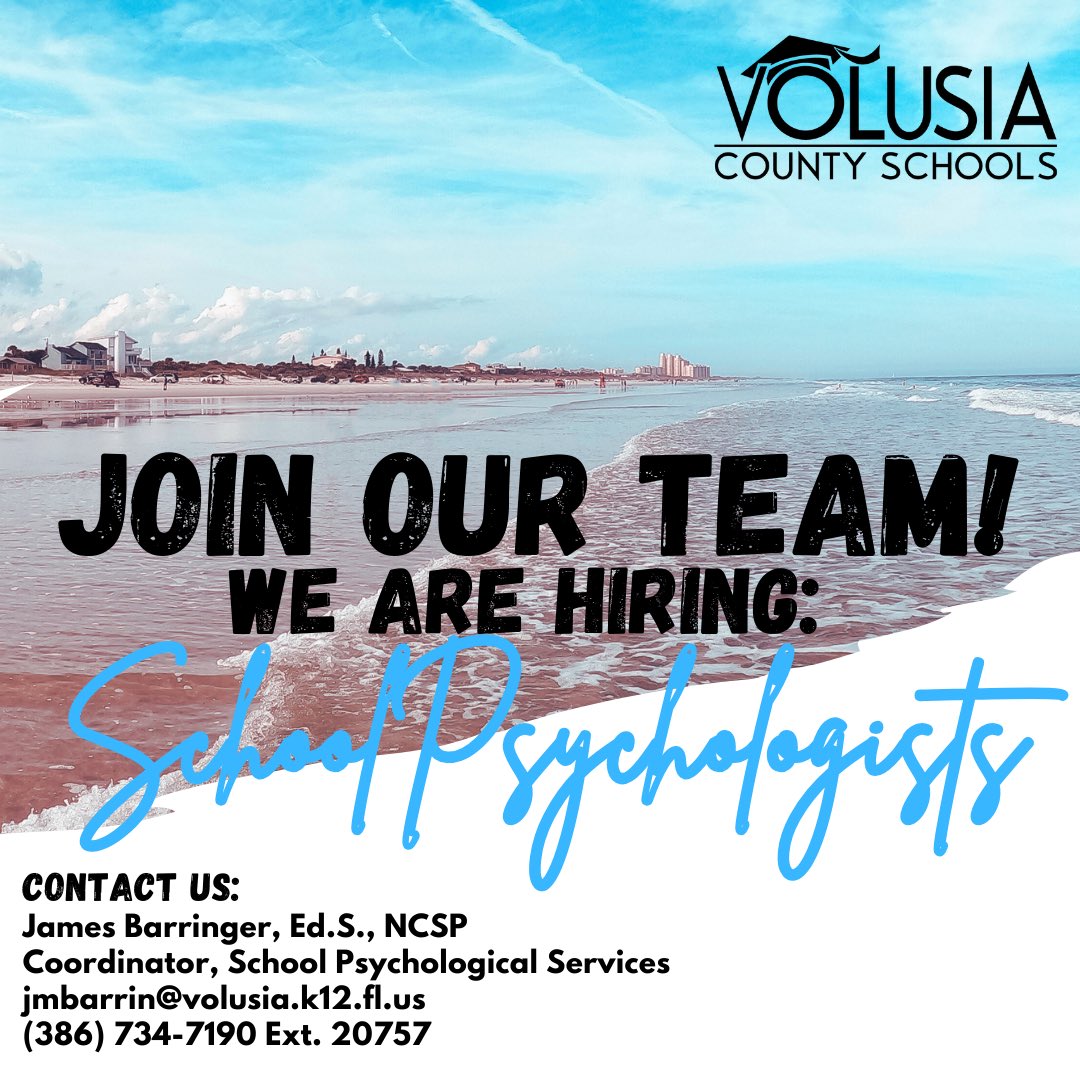 🌊 Catch a wave with our dynamic team of School Psychologists! Join Team Volusia - make a difference at the world's most famous beach!

Contact: jmbarrin@volusia.k12.fl.us
Apply Now: VCSEDU.ORG

#WhyVolusia #SchoolPsych