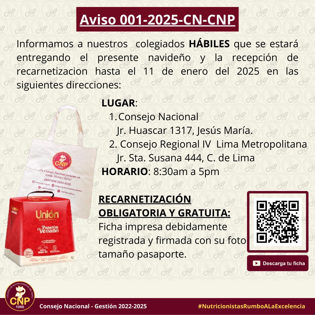 AVISO 001-2025-CN-CNP
Informamos a nuestros colegiados sobre la entrega de presente navideño y proceso de recarnetización gratuito y obligatorio. 

#ColegiodeNutricionistasdelPerú 
#presentesencostasierrayselva
#nutricionistasrumboalaexcelencia