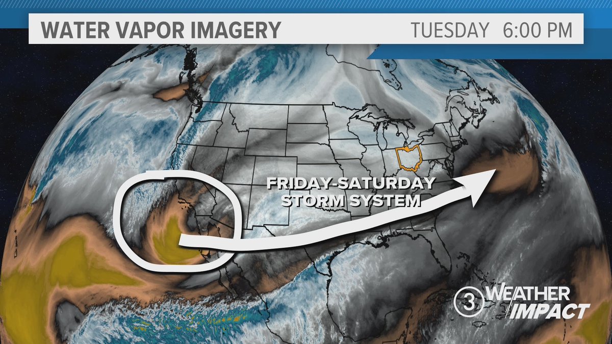 wkycweather's tweet image. WEATHER IMPACT | A storm system is tracking toward Ohio, bringing snow Friday into Saturday! Prepare for lake-effect snow and slower travel. ❄️ Stay tuned for updates! #3Weather @wkyc #StormTracking #SnowAlert #OhioWeather