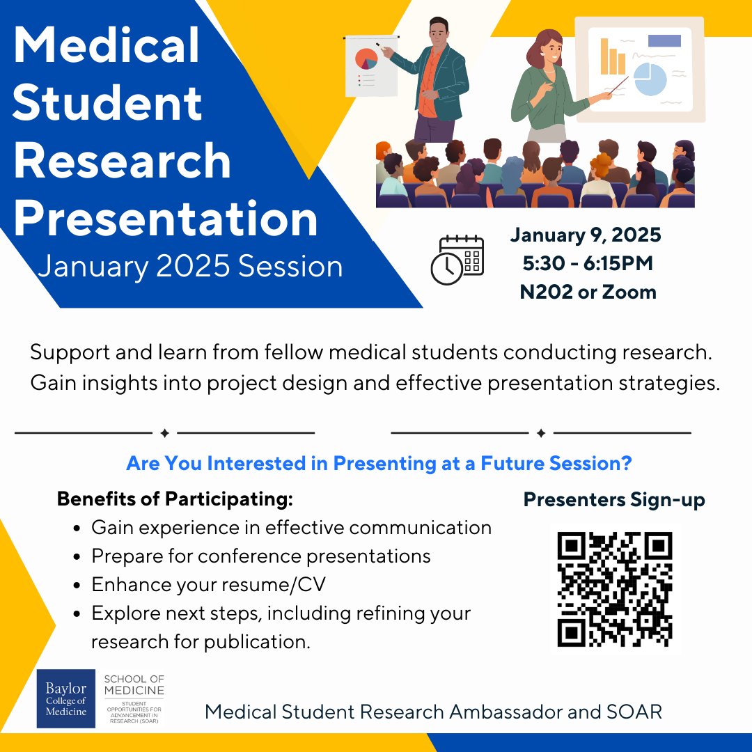 BCM_SOAR's tweet image. ✨ Spotlight on Medical Student Research! ✨
Learn about our medical student research in clinical medicine and medical education.
If you are a BCM medical student interested in presenting your research in a future session, we would love to hear from you! Contact SOAR for details