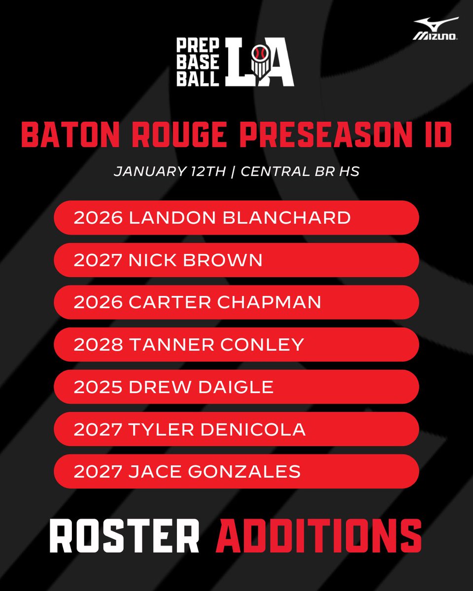 ⚜️ Bᴀᴛᴏɴ Rᴏᴜɢᴇ Pʀᴇsᴇᴀsᴏɴ ⵊD

We’d like to welcome the following players to our Baton Rouge Preseason ID on 01/12/25 at Central BR HS.

Register for our last preseason event via the link below ⤵️. #BeSeen

<a href="/AlexArmandPBR/">Alex Armand</a> | <a href="/Tyler__Leary/">Tyler Leary</a>

🖇️ loom.ly/tnqeXG4