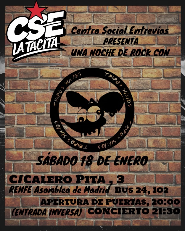 Empezamos el año en Entrevías para volver a darlo todo en este lugar donde estuvimos el pasado año y quisimos volver. Ahí vamos! Entrada libre para que nadie se quede sin poder venir. Salud y rock!!