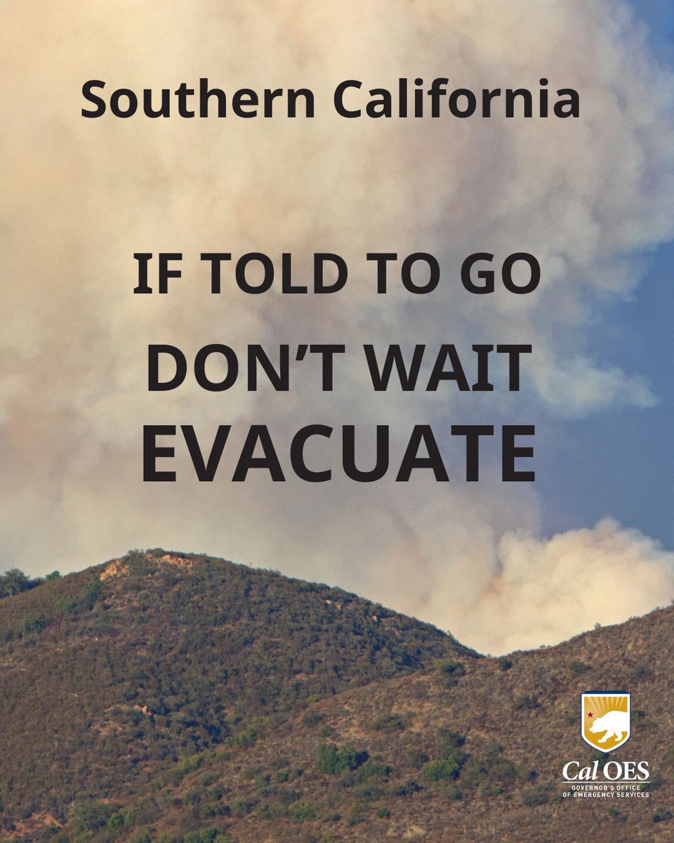 Evacuation orders have been issued due to the #PalisadesFire. Listen to local authorities. Don’t wait, evacuate. Sign up for local alerts at listoscalifornia.org/alerts