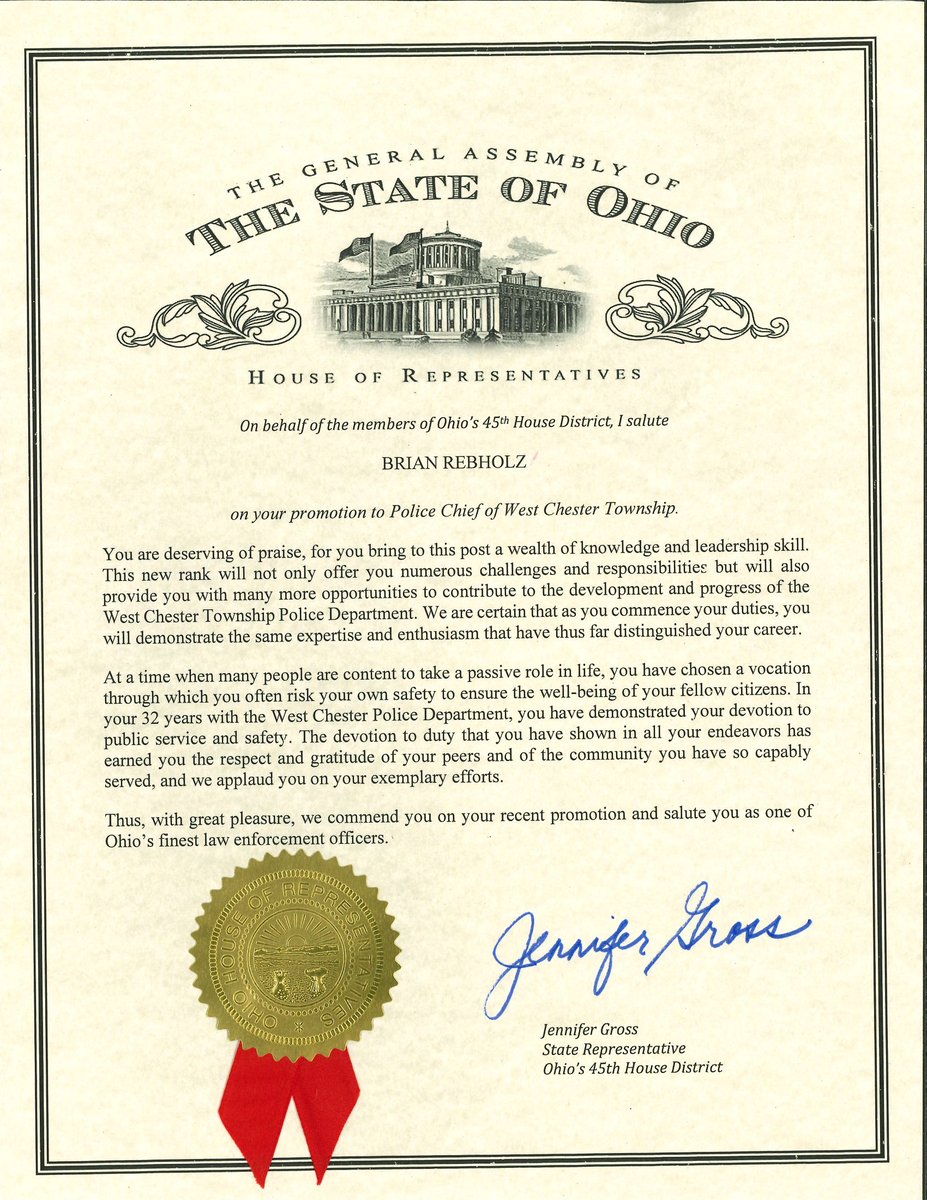 westchestertwp's tweet image. On January 7th, State Representative Jennifer Gross came to the West Chester Police Department and presented Colonel Brian Rebholz with a commendation in honor of his appointment to Chief of Police earlier this month!