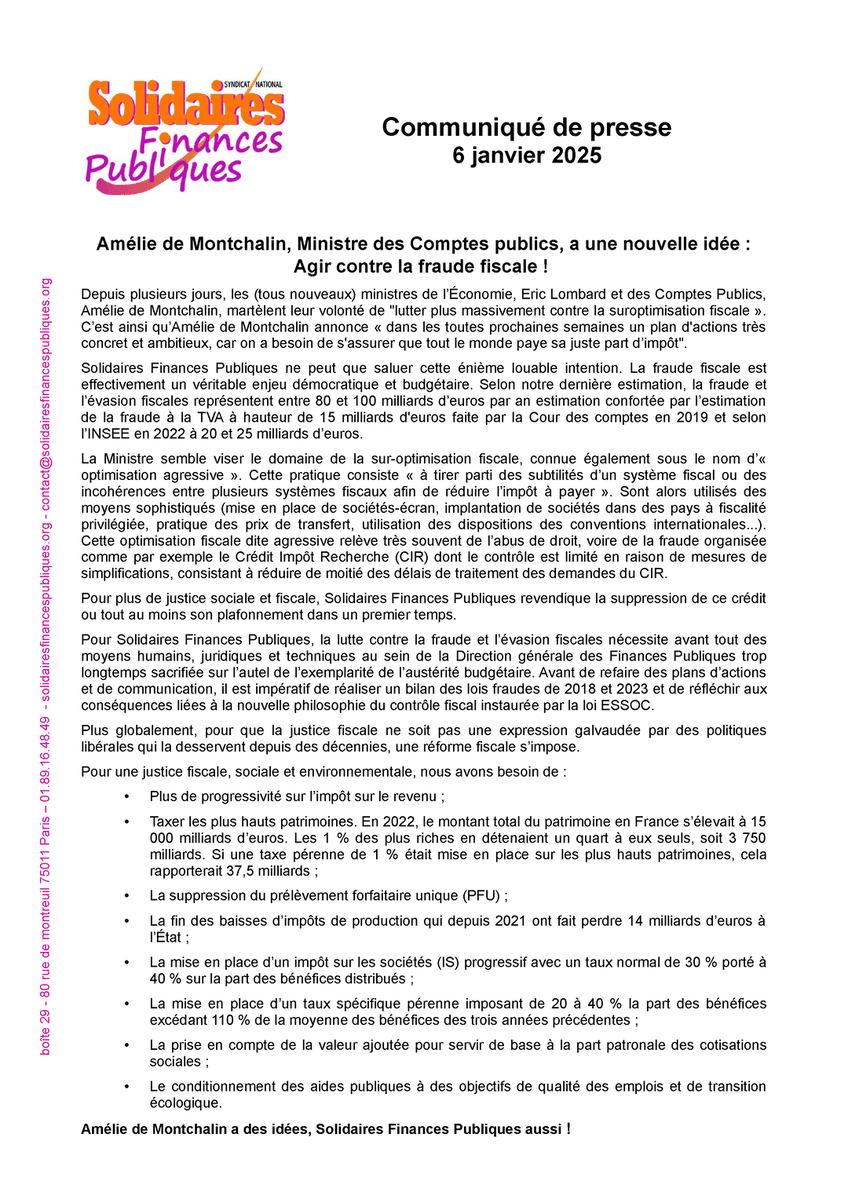 sandra demarcq (@sdemarcq1971) on Twitter photo <a href="/AdeMontchalin/">Amélie de Montchalin</a> a une nouvelle idée : agir contre la fraude.
Communiqué de <a href="/SolidairesFiP/">Solidaires Finances Publiques</a> .
#justicefiscale
<a href="/SolidairesFP/">Solidaires Fonction Publique</a>
<a href="/UnionSolidaires/">Union syndicale Solidaires</a> <a href="/AdeMontchalin/">Amélie de Montchalin</a> a une nouvelle idée : agir contre la fraude.
Communiqué de <a href="/SolidairesFiP/">Solidaires Finances Publiques</a> .
#justicefiscale
<a href="/SolidairesFP/">Solidaires Fonction Publique</a>
<a href="/UnionSolidaires/">Union syndicale Solidaires</a>