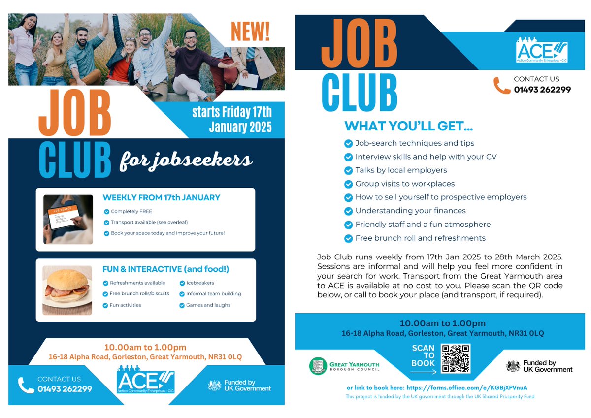 Aceproject1's tweet image. Our NEW Great Yarmouth JOB CLUB starts on Friday 17th January. If you're looking for work in the area, you don't want to miss out, so sign up to find out more. forms.office.com/e/KGBjXPVnuA
#ACEJobClub #GreatYarmouth #practicalhelp #greatstaff #FREEbrunch #GYBC #UKSPF