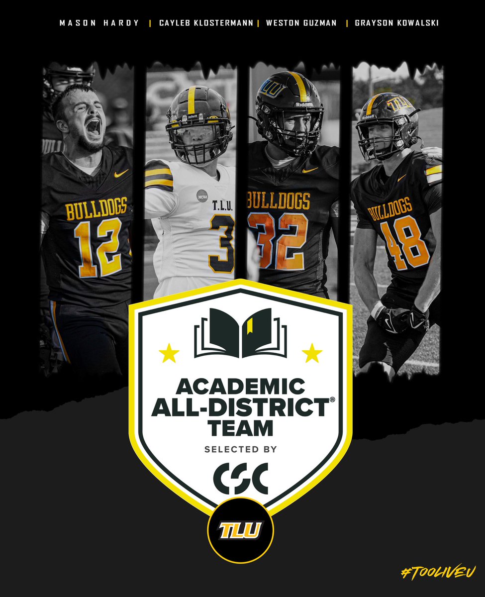 TLU_Football's tweet photo. Congratulations to all four of our @CollSportsComm CSC Academic All-District honorees! 📚 

🐶 Mason Hardy
🐶 Cayleb Klostermann
🐶 Weston Guzman
🐶 Grayson Kowalski

#TooLiveU | #PupsUp https://t.co/dw6Ew7lUU9