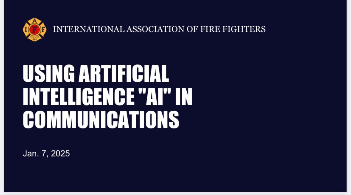 Attending a class today on the use of #AI in communications and how it can be a positive or negative in how we do our job as local union leaders.  
Thank you <a href="/iaffkg/">Kent Grosse</a> <a href="/mloweryIAFF/">Matt Lowery</a> &amp; Meghan BouHabib for leading the discussion. <a href="/IAFFofficial/">International Association of Fire Fighters</a> <a href="/IAFFCanada/">IAFF Canada Fire Fighters - Pompiers AIP Canada</a> <a href="/opffa/">OPFFA</a>