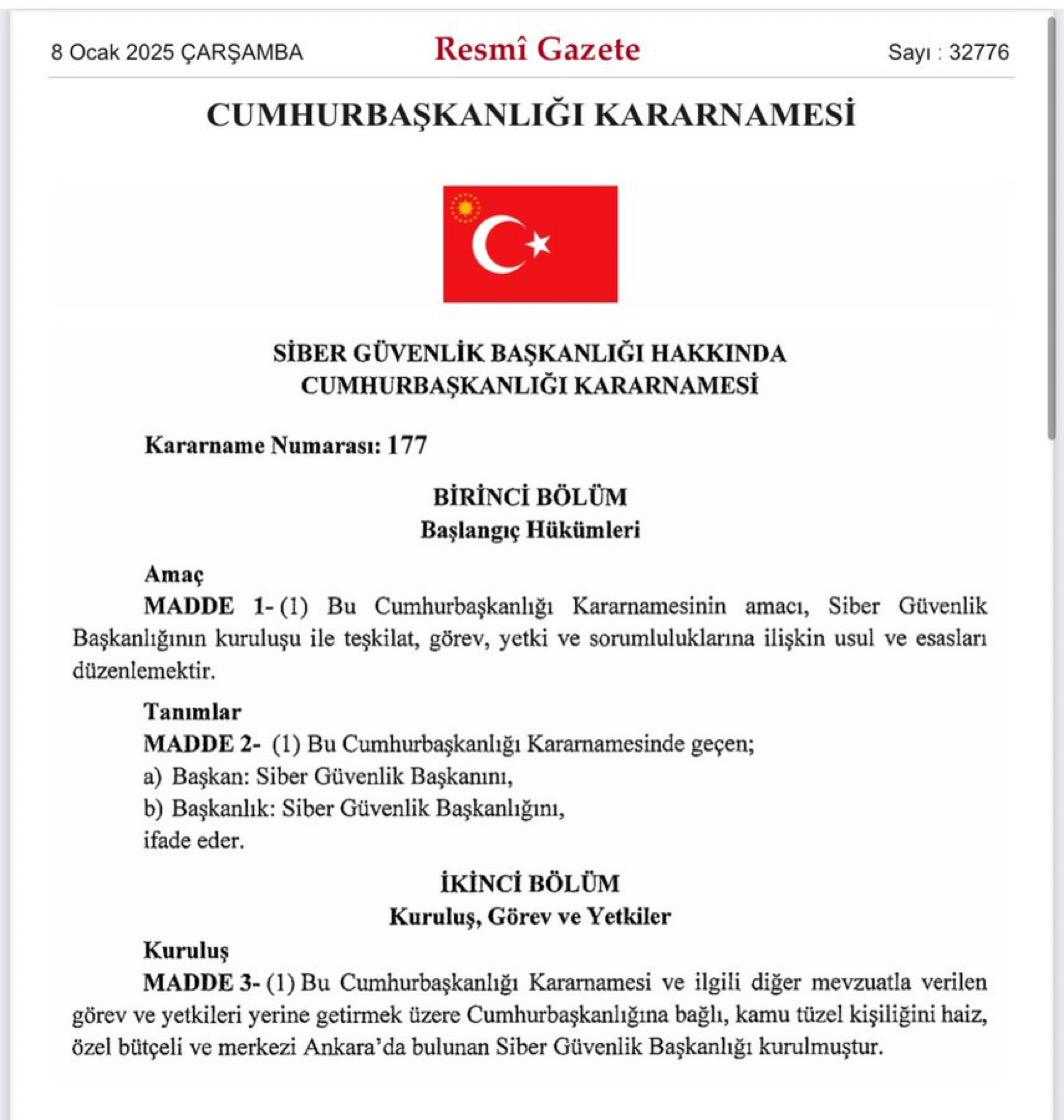 Haber's tweet photo. RESMİ GAZETE | Resmi Gazete'de yayımlanan Cumhurbaşkanlığı kararnamesi ile Siber Güvenlik Başkanlığı kuruldu.