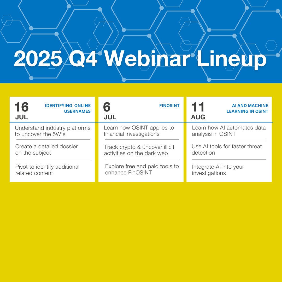 Start the new year with expert OSINT training! Annual Webinar Pass! Access 12 sessions packed with actionable tools ($1,500+ value for $890). Plus, earn 1 CPE for each session.

Reserve your spot now: osintacademy.com/2025-webinar-a…

#OSINT #WebinarTraining #CyberIntel