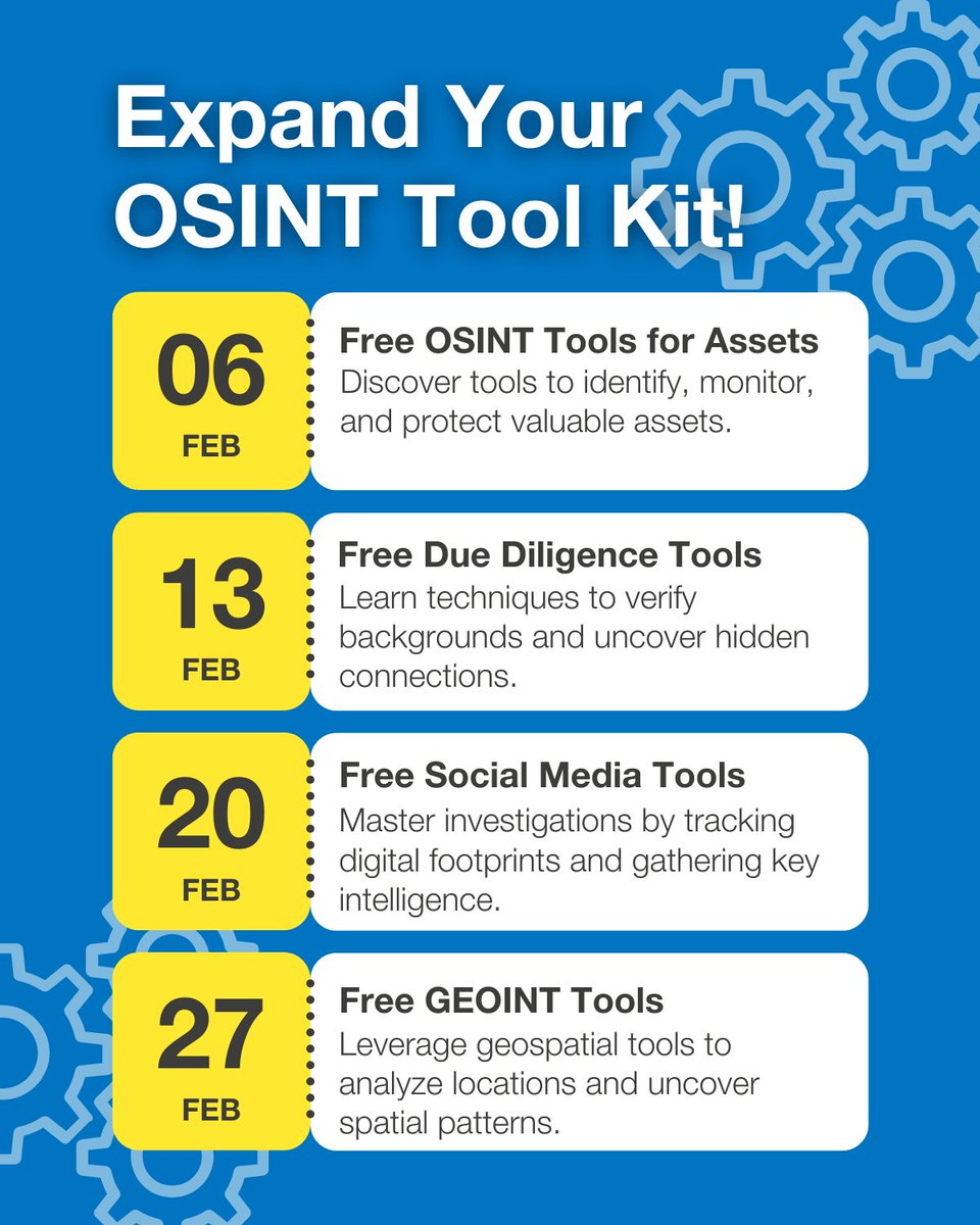 Expand your OSINT toolkit this February!

Join our 4-part webinar series, live every Thursday at 2 PM EST starting February 6th.

Bundle all four webinars for $356 (10% off) and earn 1 CPE per session.

🔗 Register now: osintacademy.com/2025-free-osin…
#OSINT #Webinar