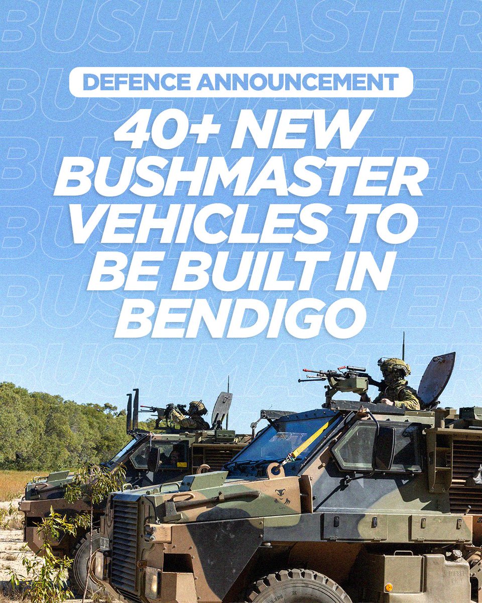 Built in Bendigo.

And deployed around the world.

Bushmasters are an iconic Australian vehicle offering world-class protection for our troops.

And that’s why we’re building even more of them.
