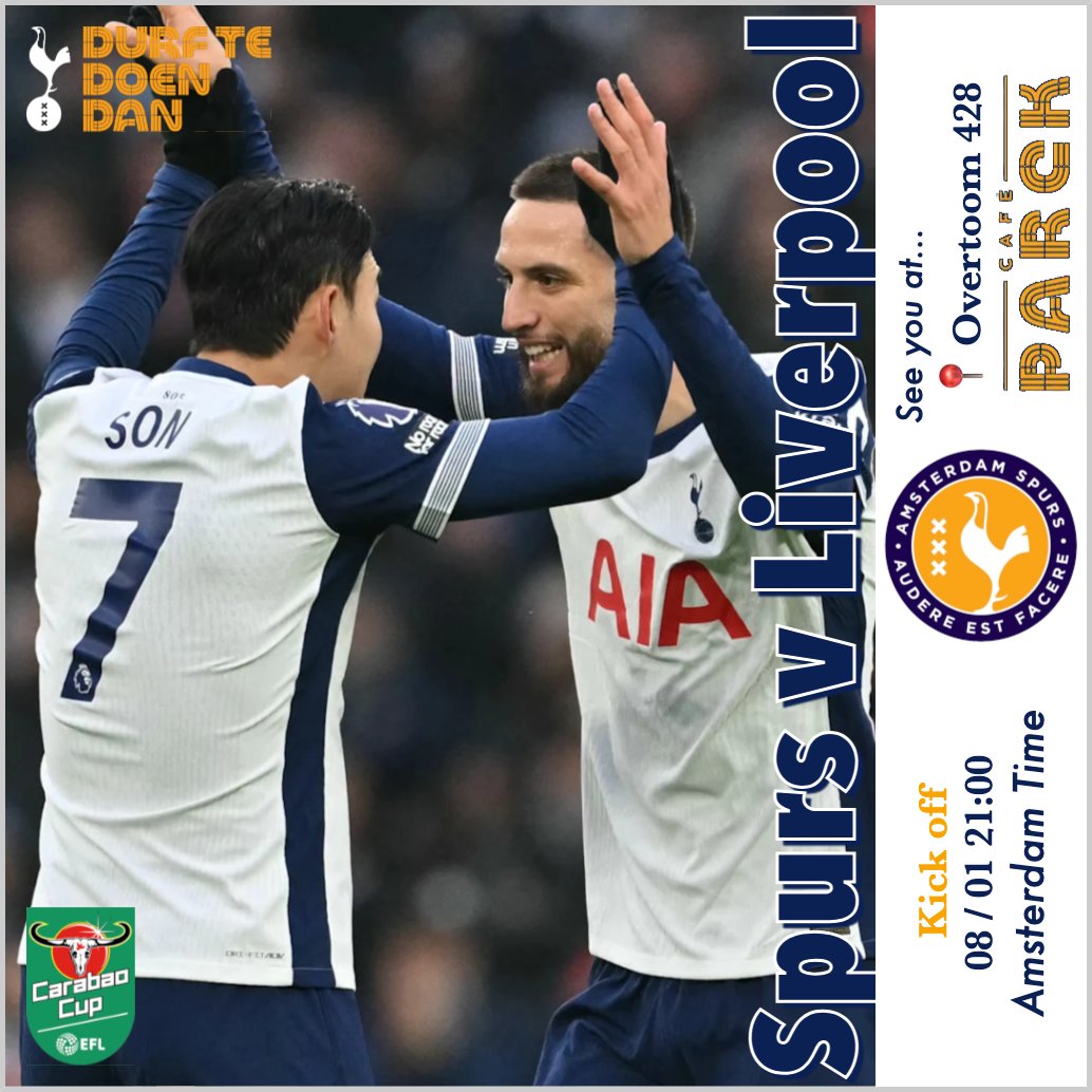 AmsterdamSpurs's tweet photo. Here we go again! Our first semi-final in 3 years, a two-legged clash with Liverpool. The previous Carabao Cup match at Parck (Overtoom 428) was 🔥 with a great turnout and top atmosphere. Ready for another wild ride? Durf te doen dan! #COYS https://t.co/DiC8IvkEMU