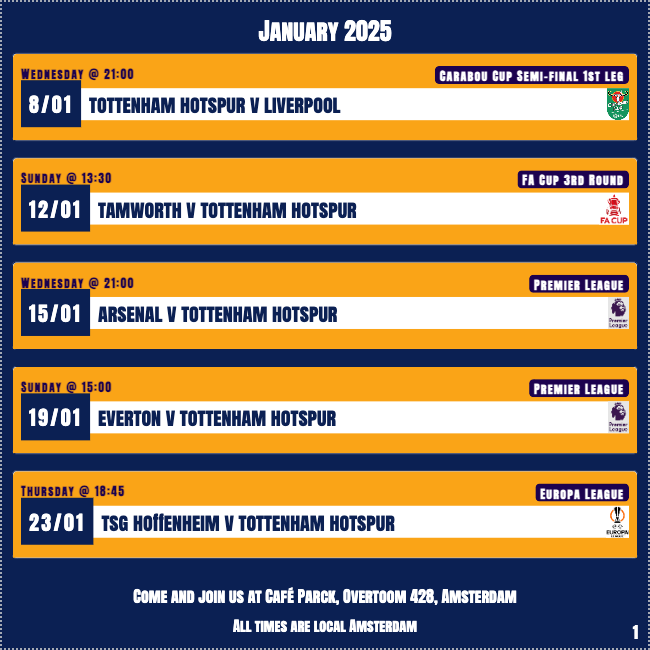 AmsterdamSpurs's tweet photo. Here we go again! Our first semi-final in 3 years, a two-legged clash with Liverpool. The previous Carabao Cup match at Parck (Overtoom 428) was 🔥 with a great turnout and top atmosphere. Ready for another wild ride? Durf te doen dan! #COYS https://t.co/DiC8IvkEMU