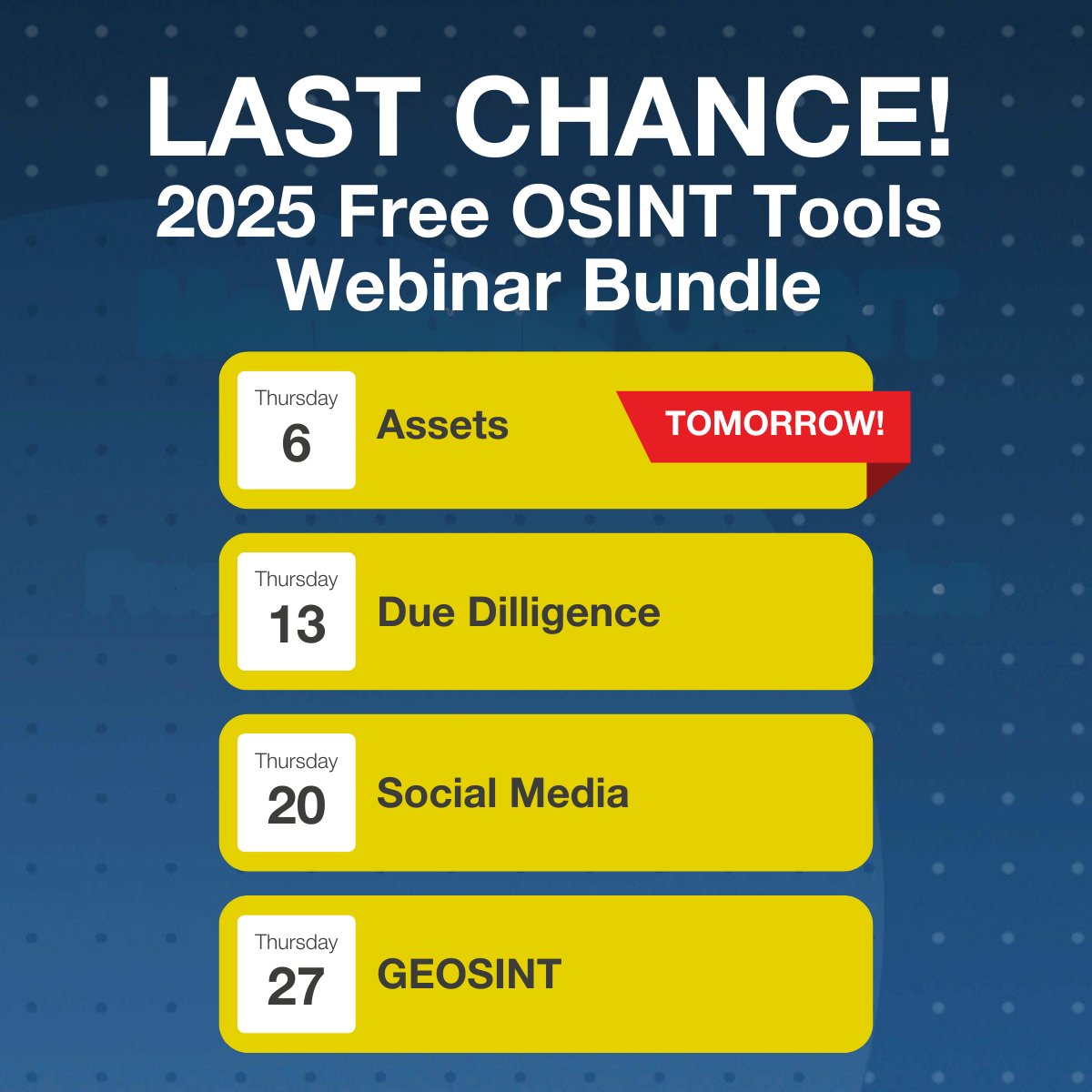 Our OSINT webinar series starts TOMORROW at 2 PM EST! Don’t fall behind—each session builds on the last, giving you a complete toolkit of free investigative OSINT tools. 

🔗 Register now: osintacademy.com/2025-free-osin…

#OSINT #Webinar