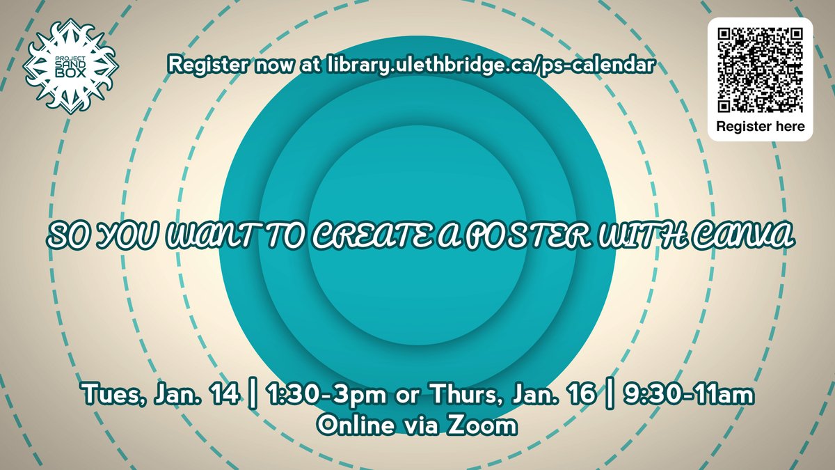 ulethlibrary's tweet image. It’s the first #ProjectSandbox workshops of the year!

&amp;gt; So you want to create a website with Wix

AND

&amp;gt; So you want to create a poster with Canva

All workshops are online via Zoom January 14 and 16.

🔗Details &amp;amp; registration @ library.ulethbridge.ca/ps-calendar

#ULethbridge