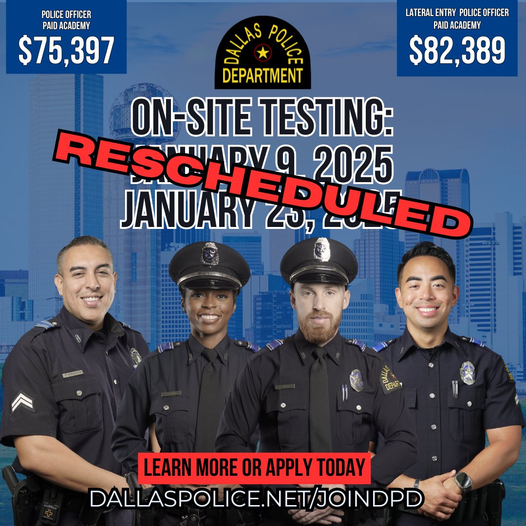 DPDRecruiting's tweet image. On-site testing RESCHEDULED due to upcoming inclement weather, new dates for testing will be:

January 16-18
January 23-25

Please contact a recruiter at 214-671-4409 or email DPDRECRUITING@Dallas.gov if you have any questions! Stay safe and stay warm!
#JoinDPD #DallasPD
