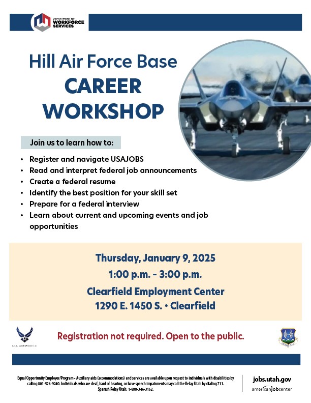 oo_alcoffical's tweet image. This is happening on Thursday, 9 January at the Department of Workforce Services in Clearfield! Don&apos;t miss out!