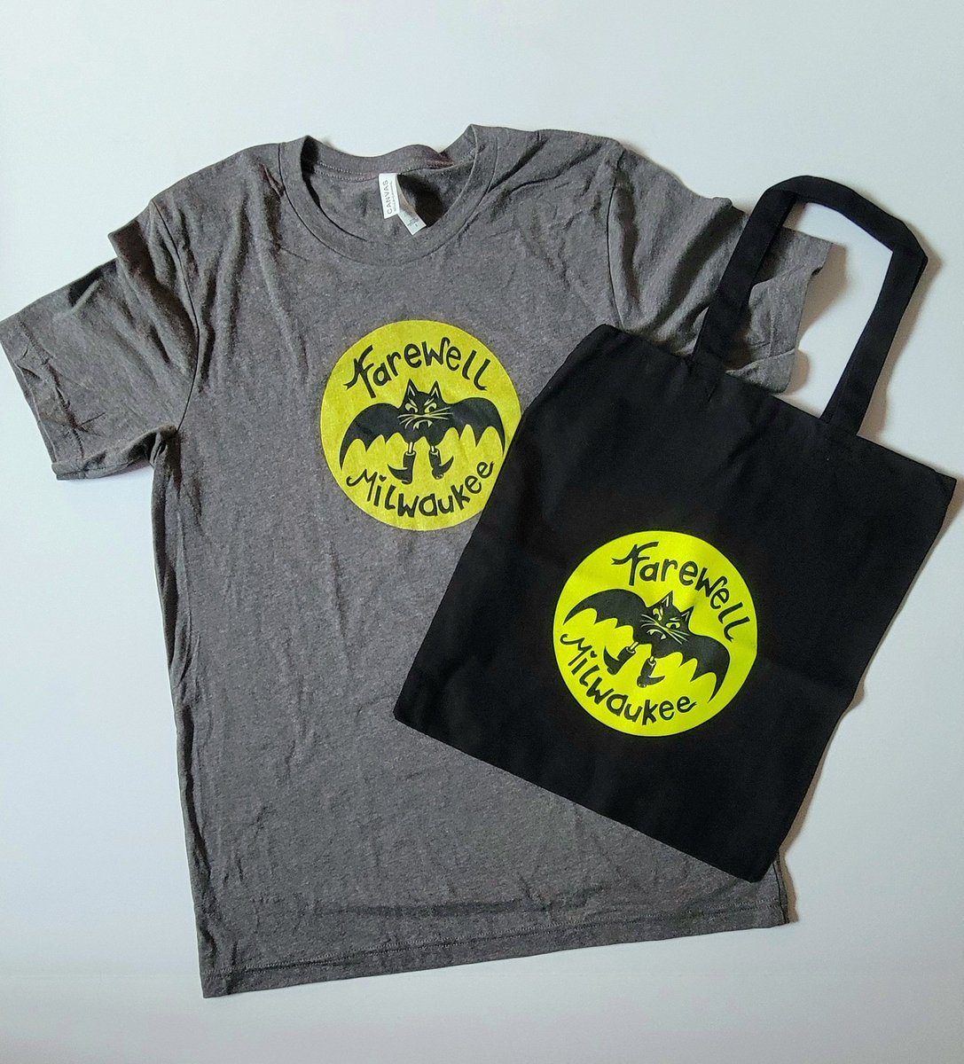 Farewaukee's tweet image. A couple more merch items arrived just in time for the show on Thursday night at the @turfclubmn! We've got some Cat Bat tees and totes! 🐈🦇🤠 This is a very limited merch order just for Thursday night so we hope to see you at the Turf! ♥️ -FM
