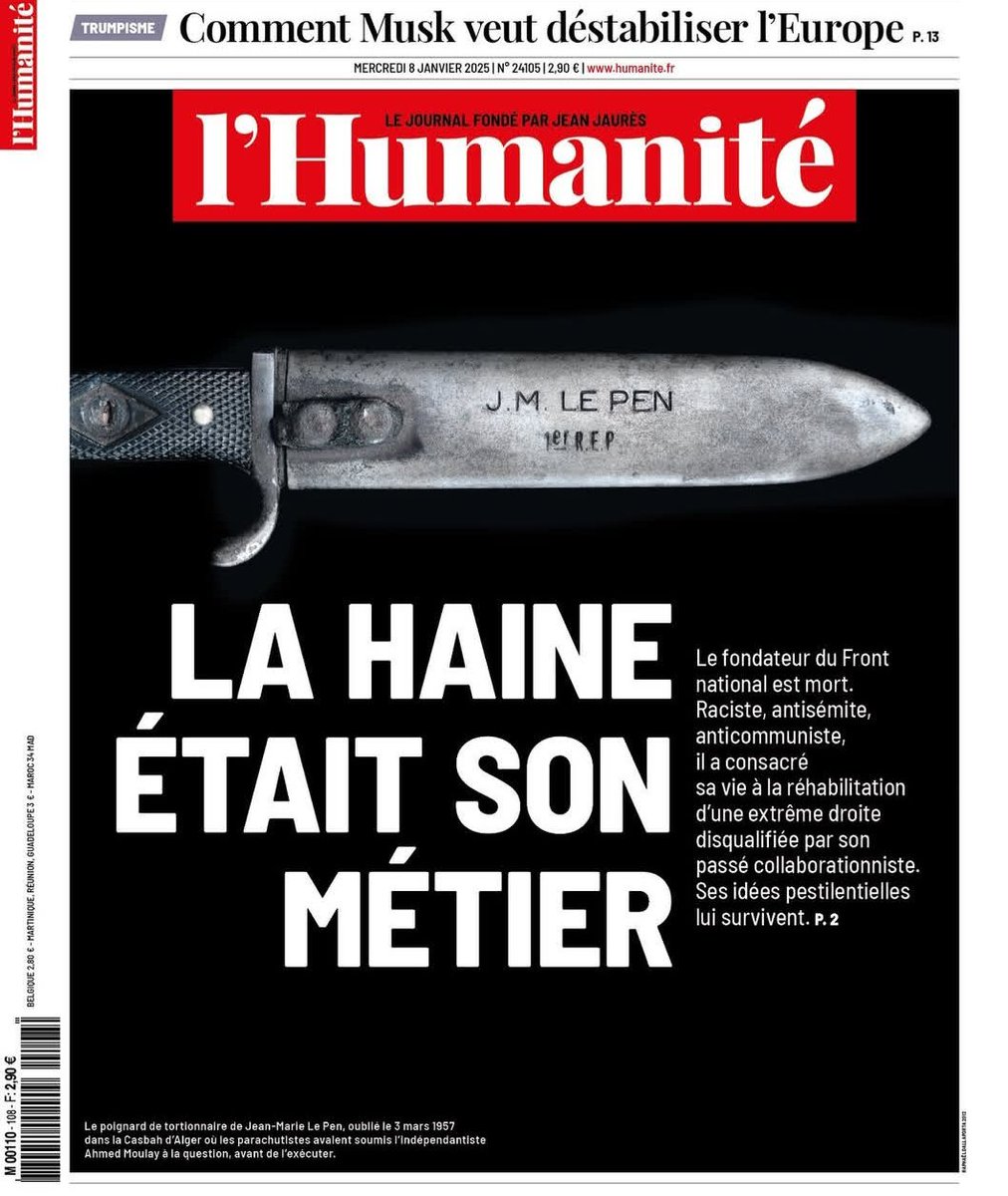 Alexandra Gonzalez (@alexandragzz) on Twitter photo La une de l'<a href="/humanite_fr/">L'Humanité</a> avec le poignard de JMLP.
En légende en bas à gauche : "Le poignard de tortionnaire de Jean-Marie Le Pen, oublié le 3 mars 1957 dans la Casbah d'Alger où les parachutistes avaient soumis l'indépendantiste Ahmed Moulay à la question, avant de l'exécuter". La une de l'<a href="/humanite_fr/">L'Humanité</a> avec le poignard de JMLP.
En légende en bas à gauche : "Le poignard de tortionnaire de Jean-Marie Le Pen, oublié le 3 mars 1957 dans la Casbah d'Alger où les parachutistes avaient soumis l'indépendantiste Ahmed Moulay à la question, avant de l'exécuter".