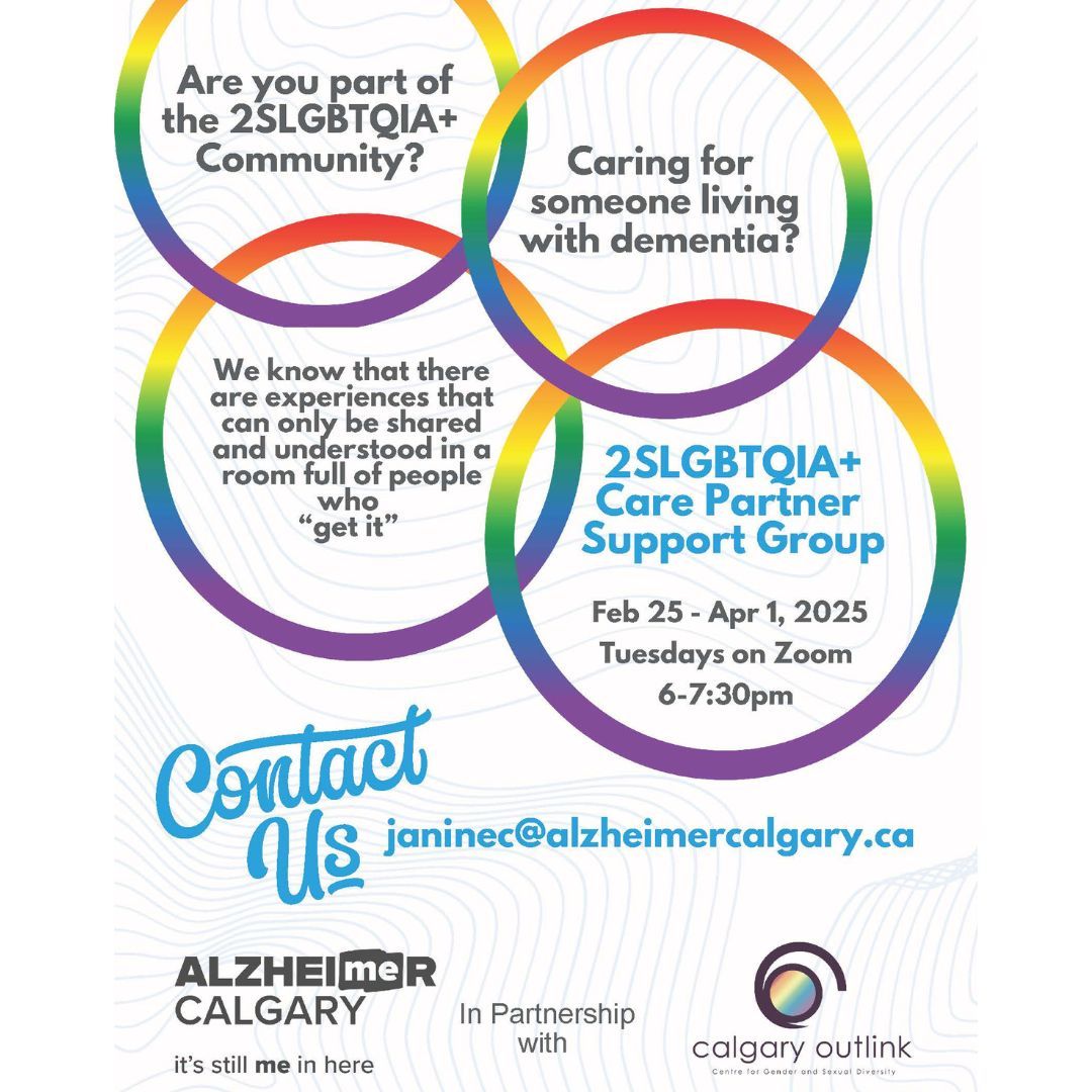 Dementia Network YYC (@dementiacalgary) on Twitter photo Are you part of the 2SLGBTQIA+ community and a care partner for someone living with dementia? We invite you to join the upcoming 2SLGBTQIA+ Caregiver Support Group with @yycoutlink. Interested? Please email Janine Cote janinec@alzheimercalgary.ca
#StillMeYYC #alzyyc Are you part of the 2SLGBTQIA+ community and a care partner for someone living with dementia? We invite you to join the upcoming 2SLGBTQIA+ Caregiver Support Group with @yycoutlink. Interested? Please email Janine Cote janinec@alzheimercalgary.ca
#StillMeYYC #alzyyc
