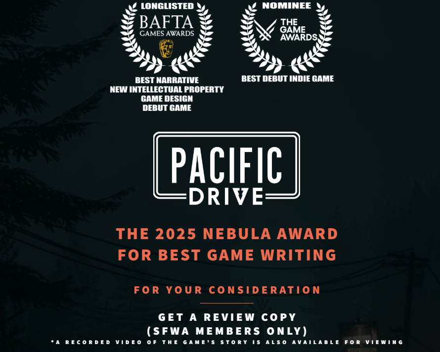 Ironwood Studios | Endless Expeditions💥! (@ironwoodtweets) on Twitter photo We'd love to take part in the #NebulaAwards! 🏆
For consideration of any #SFWA members, we'd like to present Pacific Drive for Best Game Writing.
Our narrative team of <a href="/karriebearr/">Karrie Shirou Shao</a> and <a href="/paullicino/">Paul Dean✍🏻(he of Pacific Drive)</a> knocked it out of the park, and we can't miss an opportunity to celebrate them! We'd love to take part in the #NebulaAwards! 🏆
For consideration of any #SFWA members, we'd like to present Pacific Drive for Best Game Writing.
Our narrative team of <a href="/karriebearr/">Karrie Shirou Shao</a> and <a href="/paullicino/">Paul Dean✍🏻(he of Pacific Drive)</a> knocked it out of the park, and we can't miss an opportunity to celebrate them!