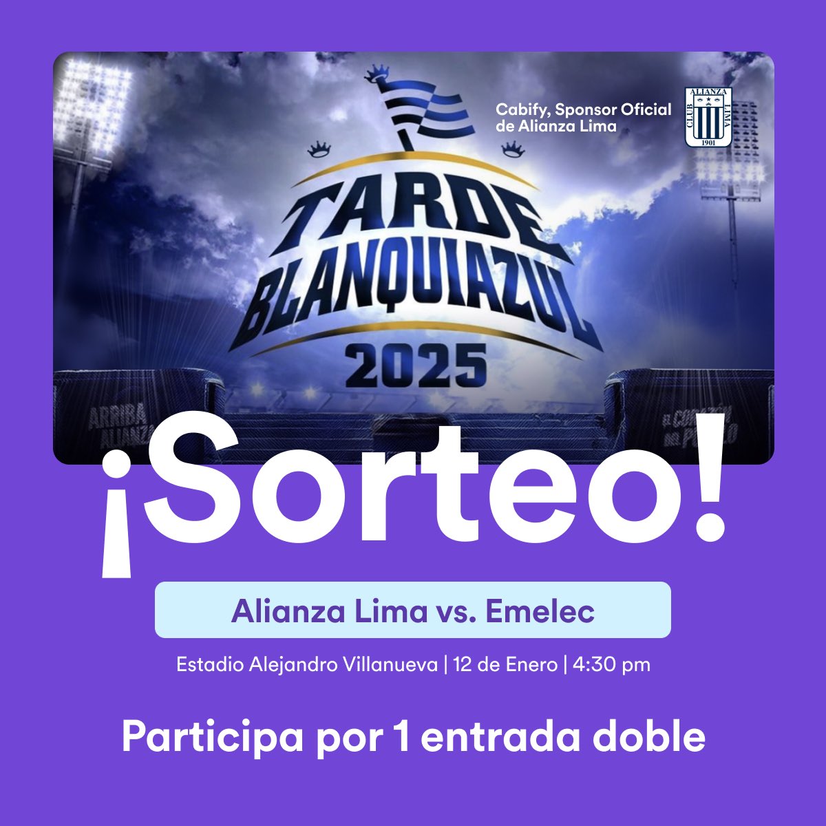 Sé el ganador de 1 entrada doble para la tarde blanquiazul <a href="/ClubALoficial/">Club Alianza Lima</a>!⚽️💜

1️⃣Síguenos en Twitter
2️⃣RETWITTEA este post

Tienes hasta las 11am del 10/01 para participar. Escribiremos por DM al ganador. Tendrá 20min para responder. Caso contrario, pasamos al suplente.

#sorteo